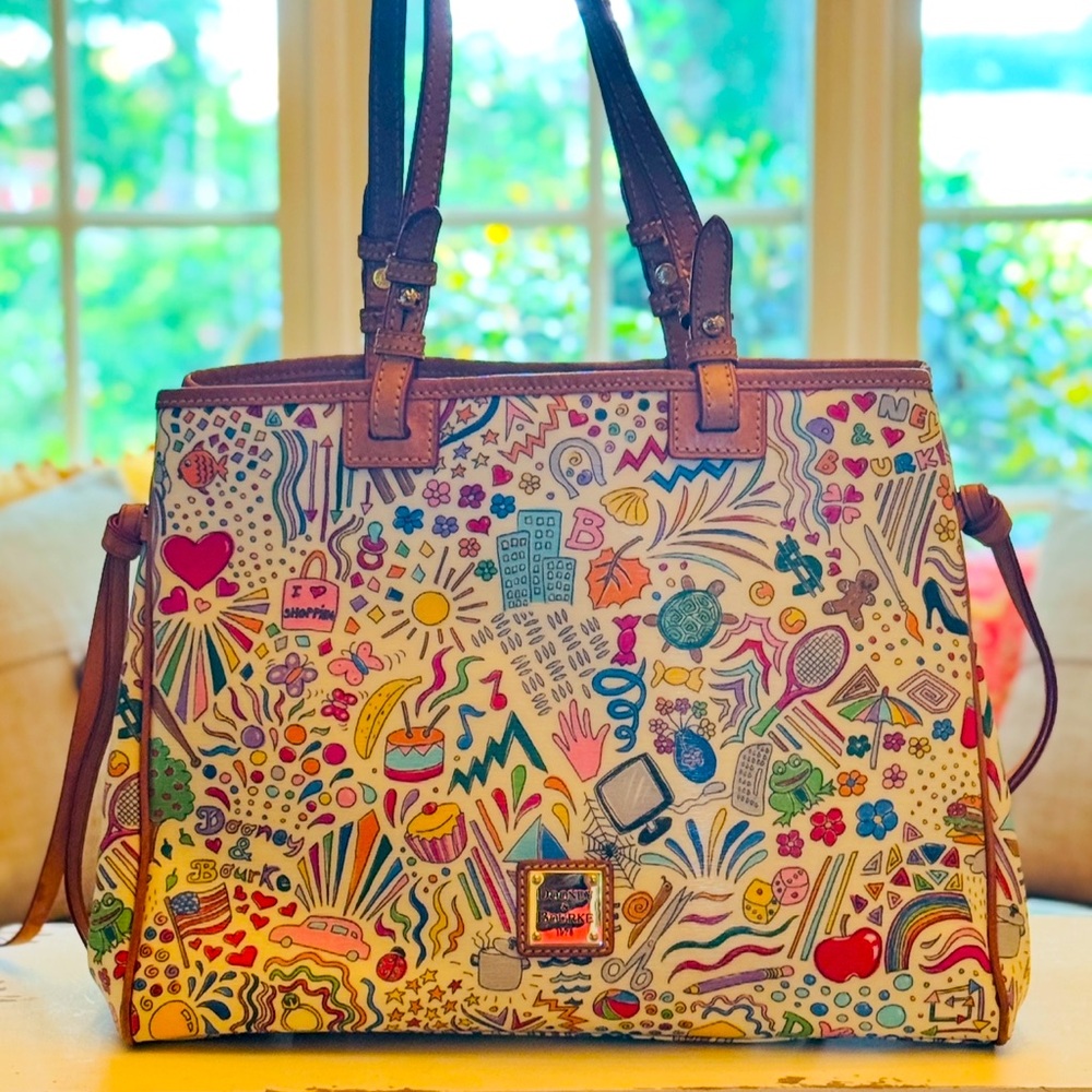 Dooney & Bourke Cream Tote Bag “Fun America Summer” with Leather Handles